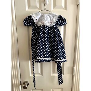Vintage Tip Top Navy Blue Polka Dot Dress 18 Months Big Lace Bib Collar Rosettes